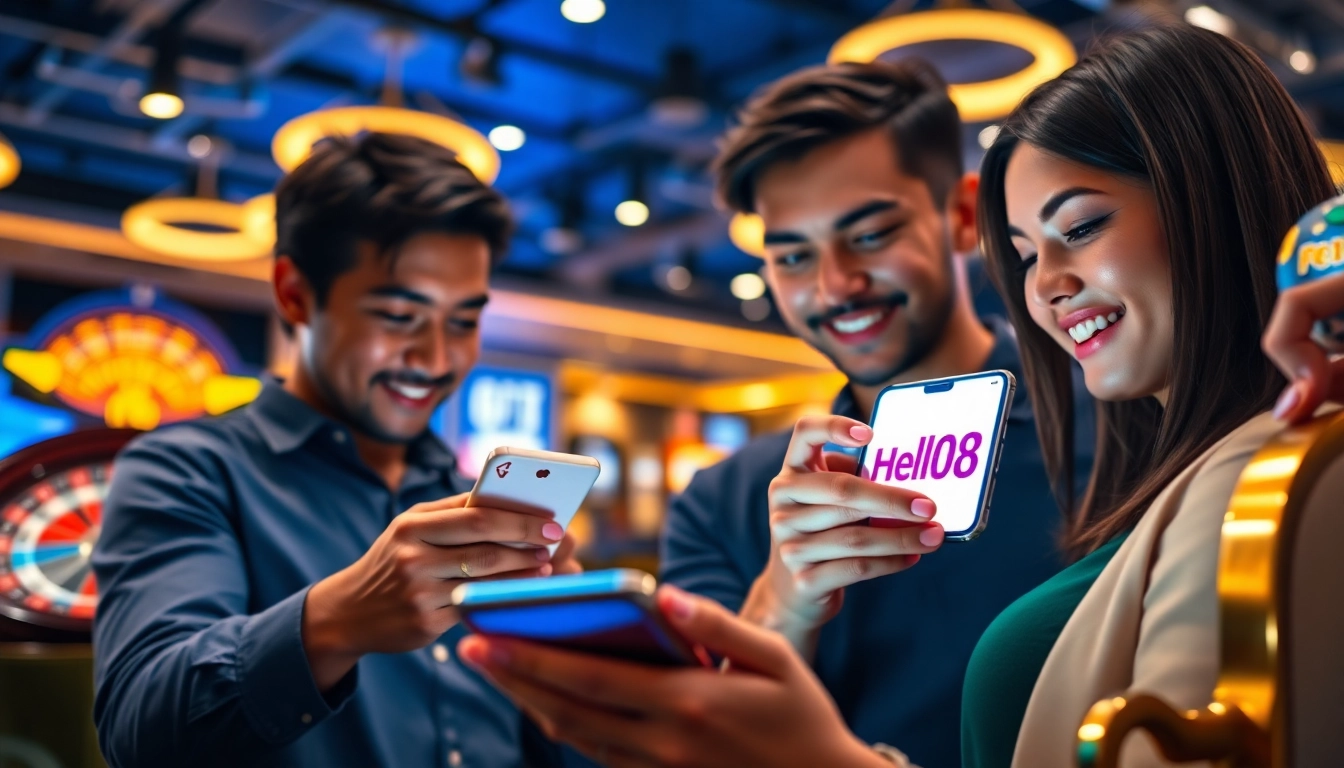 Exciting scene of users engaging with the Hello88 mobile app for online gambling at hello88win.live.