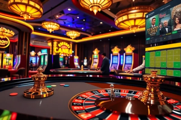 Players engaging in thrilling games at https://nk88net.com/ casino with vibrant roulette table and slot machines.
