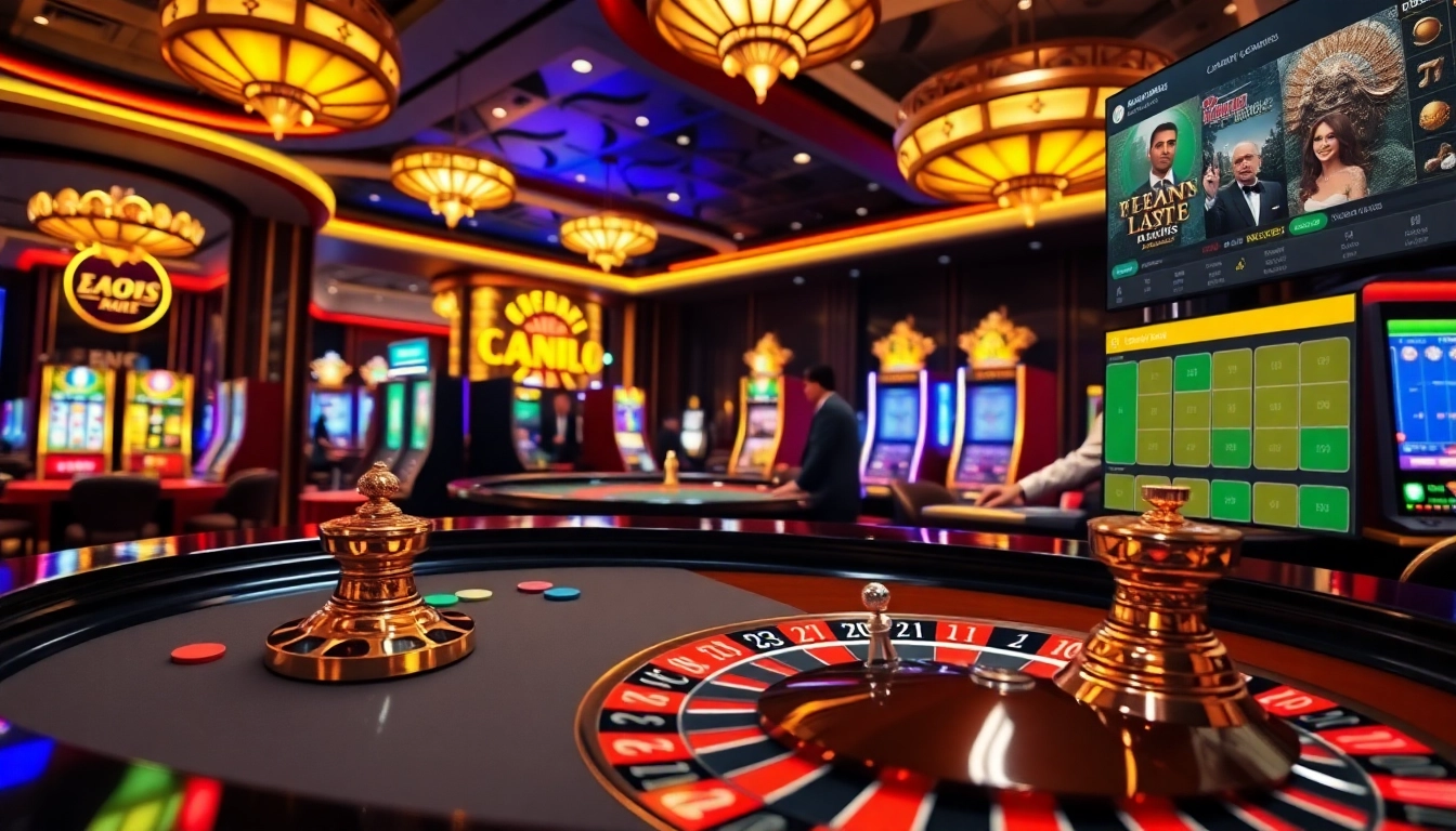 Players engaging in thrilling games at https://nk88net.com/ casino with vibrant roulette table and slot machines.