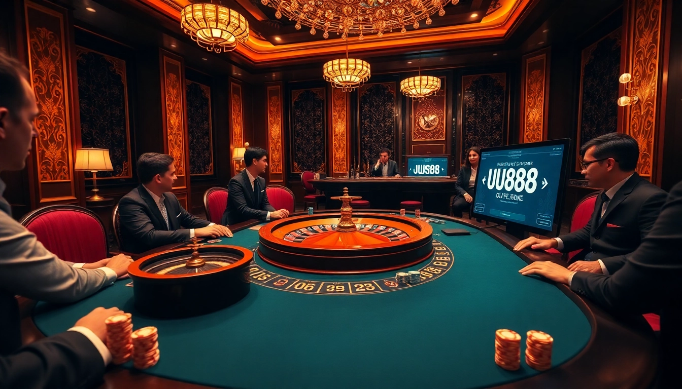 Intense poker gameplay at a luxurious casino featuring UU88 branding and vibrant decor.