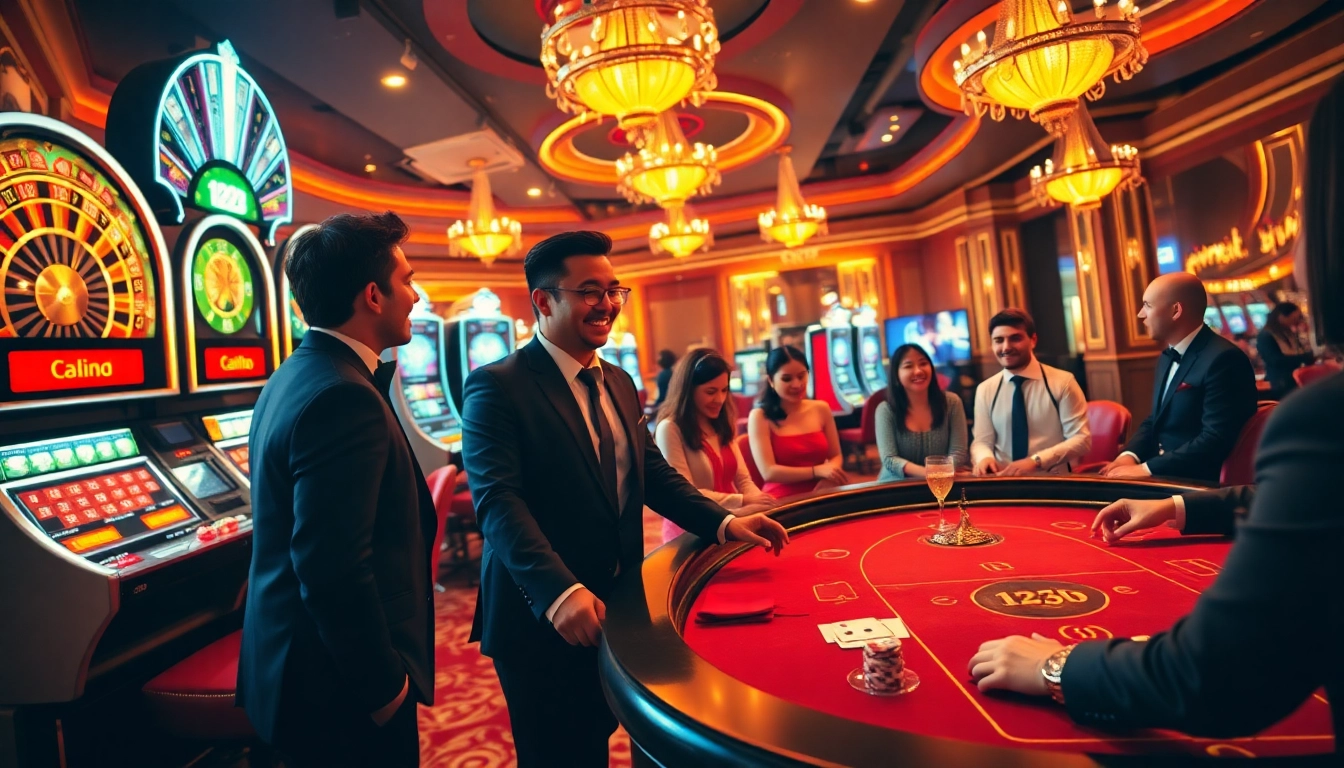 Players enjoying an exciting game at 123b, showcasing vibrant slot machines and a roulette wheel.