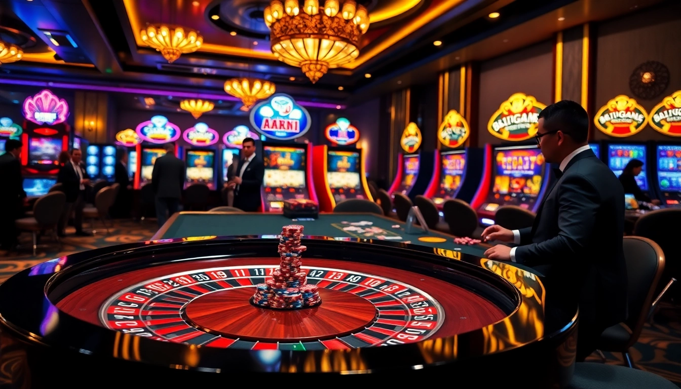 Engaging players at 68 Game Bài roulette table in a vibrant casino atmosphere.