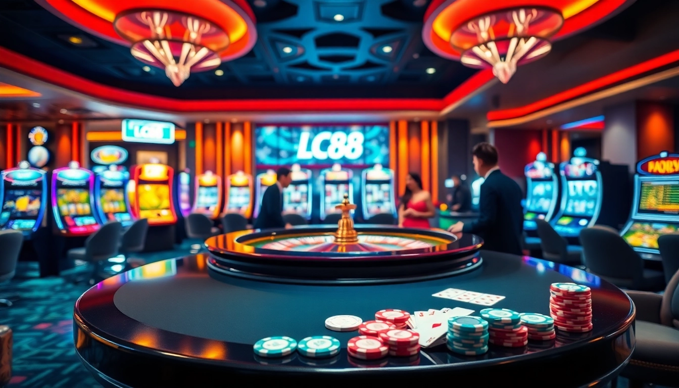 Experience the excitement of lc88 with players at a roulette table in a luxurious casino.