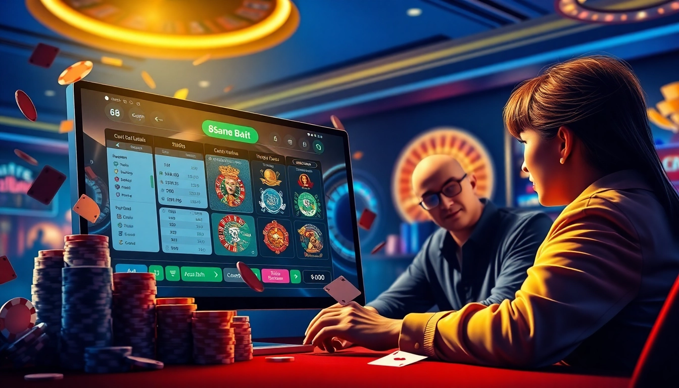 A player engaging with 68 Game Bài online casino, showcasing a vibrant atmosphere filled with poker chips and a roulette wheel.