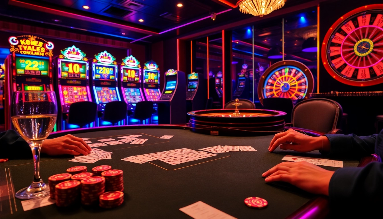 Engage in high-stakes action at KP88's luxurious casino with vibrant slot machines and poker tables.