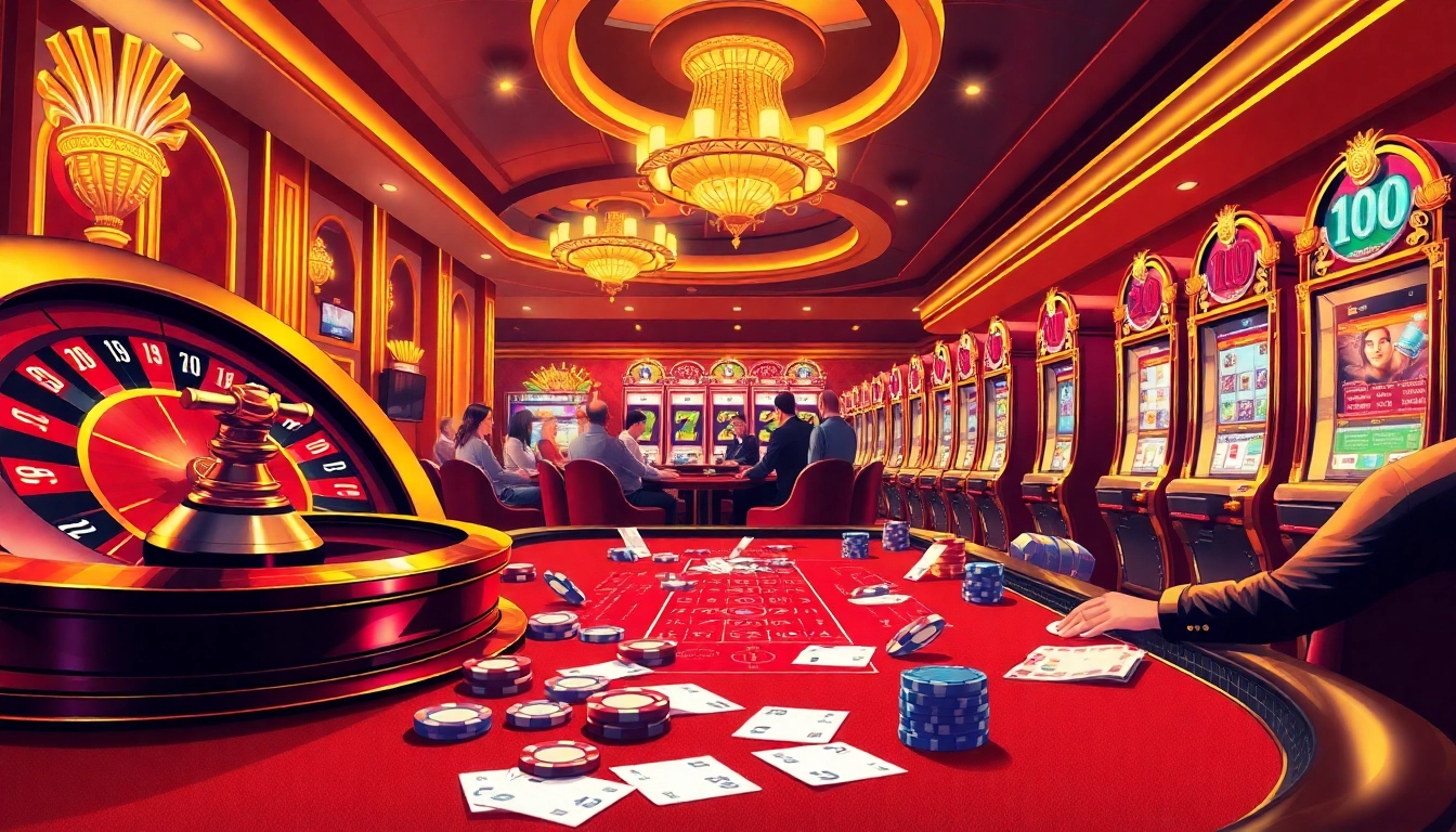 Visualize an exciting casino atmosphere at https://da88.cash/ with players at the poker table and roulette wheel.