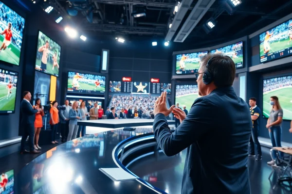 Watch a sports broadcasting anchor presenting live events in a modern studio filled with excitement.