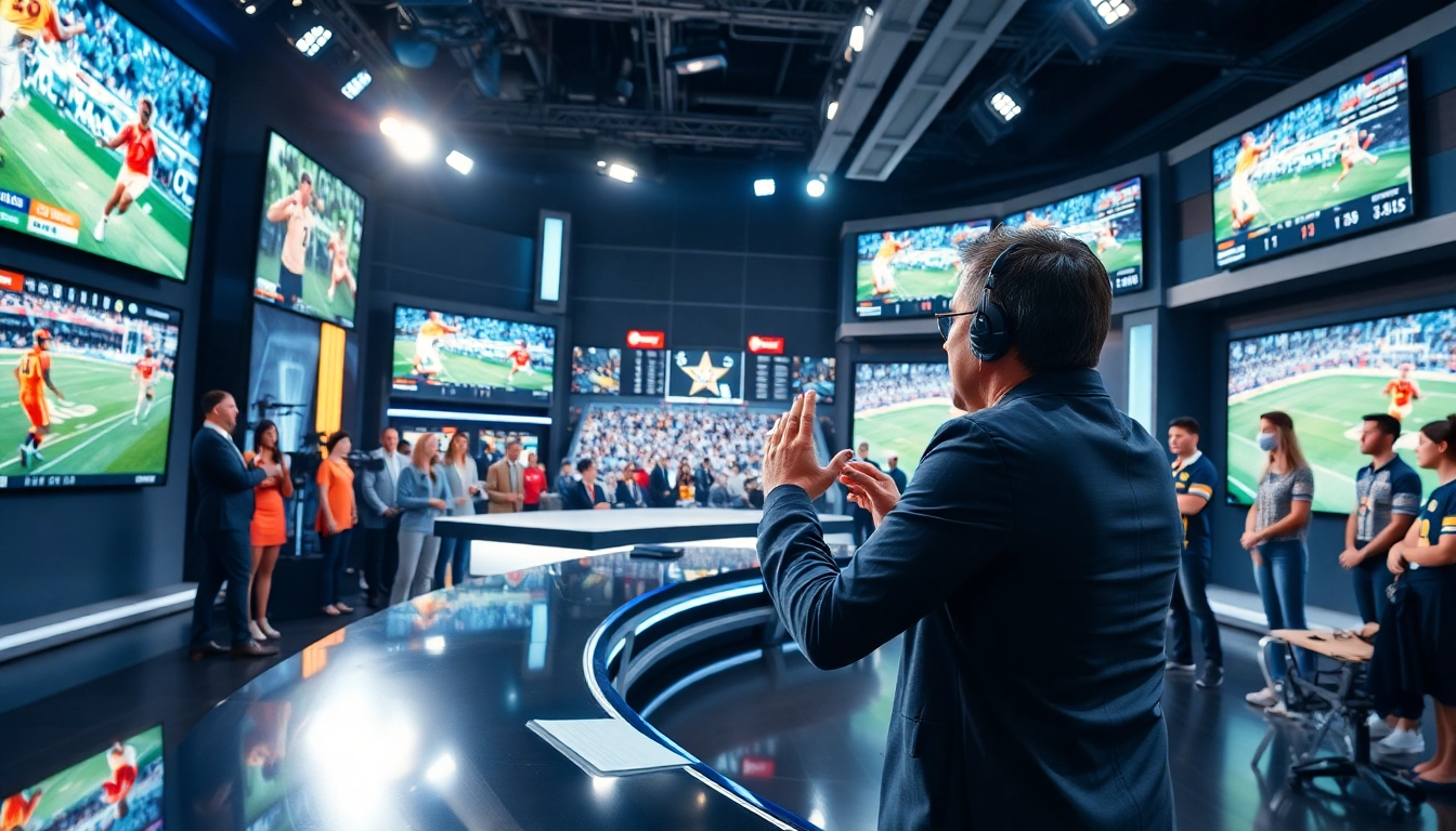 Watch a sports broadcasting anchor presenting live events in a modern studio filled with excitement.