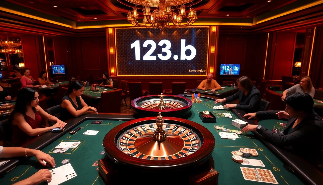 Players engaging with various games at 123b casino, showcasing excitement and vibrant atmosphere.