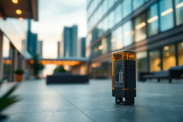 Buy dmt online with a captivating DMT cartridge artfully displayed in a serene urban environment.