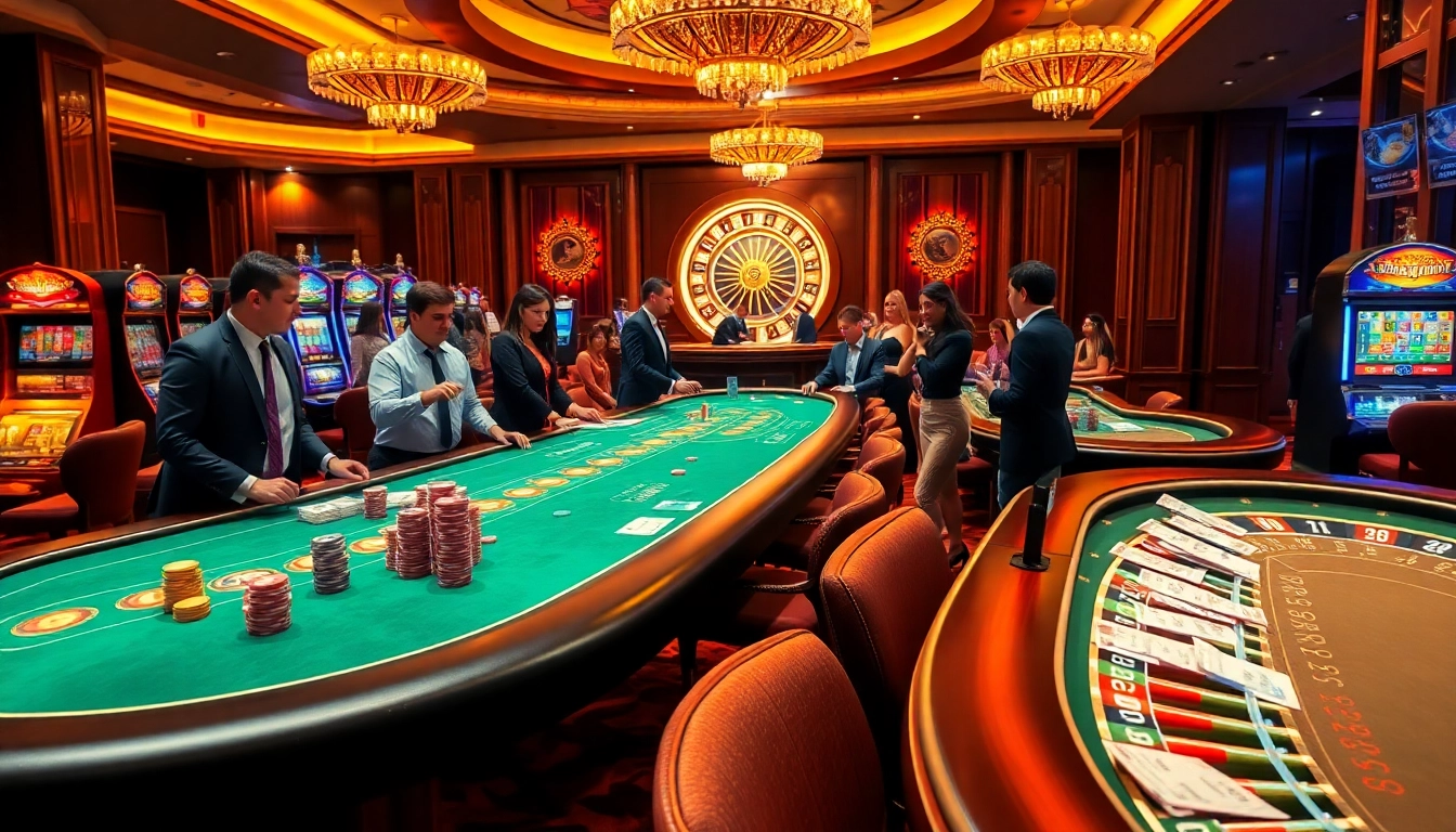 Exciting casino scene featuring players at 399W platform tables surrounded by chips and slots.