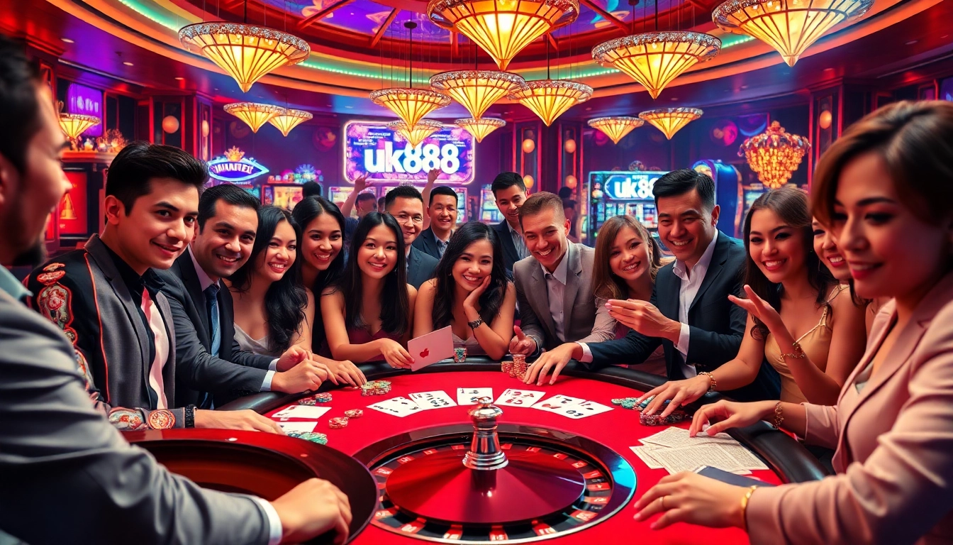 Players enjoying diverse gambling experiences at the luxurious UK88 casino platform, featuring poker, slots, and roulette.
