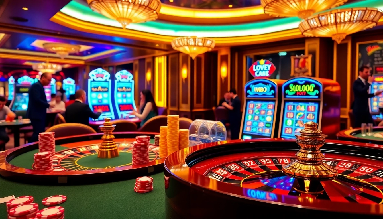 Exciting gambling scene at NK88 casino with vibrant roulette and slot machines.