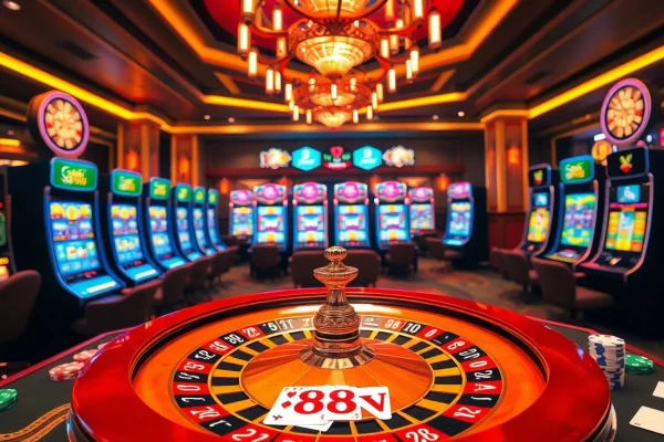 Experience thrilling gameplay in a vibrant casino scene featuring 88vv logo on colorful poker chips.