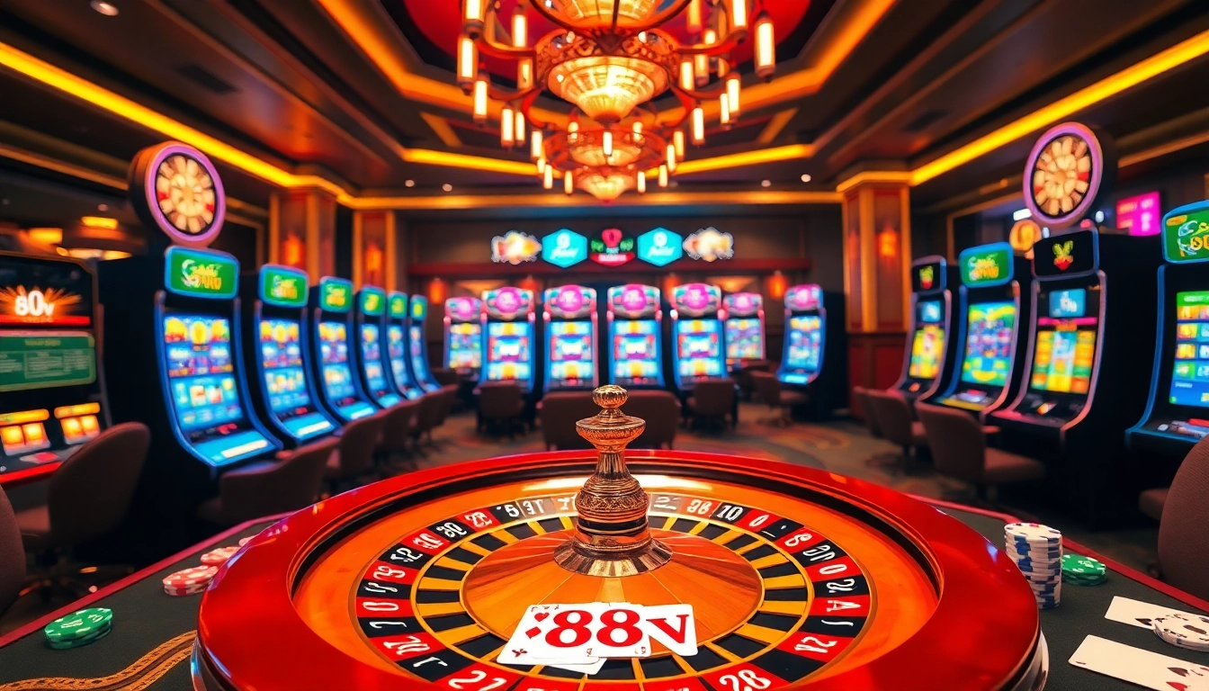 Experience thrilling gameplay in a vibrant casino scene featuring 88vv logo on colorful poker chips.
