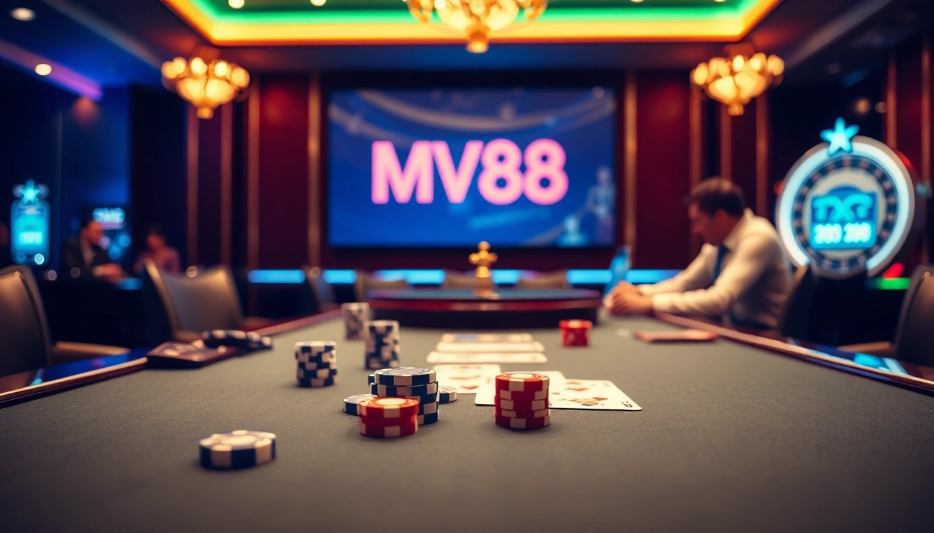 Experience the excitement at MV88 with luxury gambling elements like poker chips and cards.