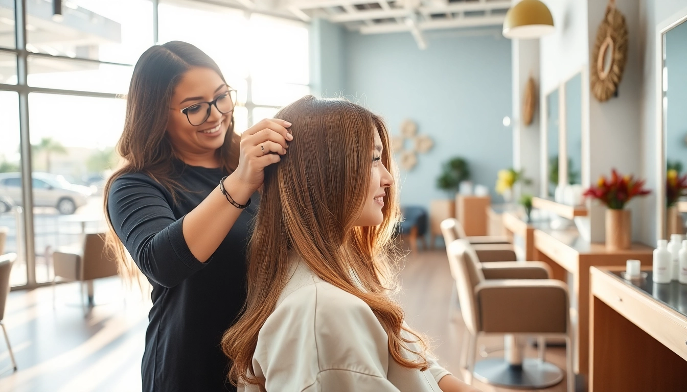 Client receiving hair highlights at the best hair salon san diego, showcasing a welcoming atmosphere with professional artistry.