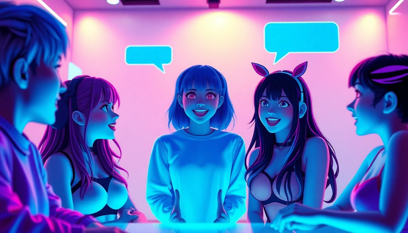 Engaging NSFW character AI chat interface featuring vibrant animated characters in dialogue.