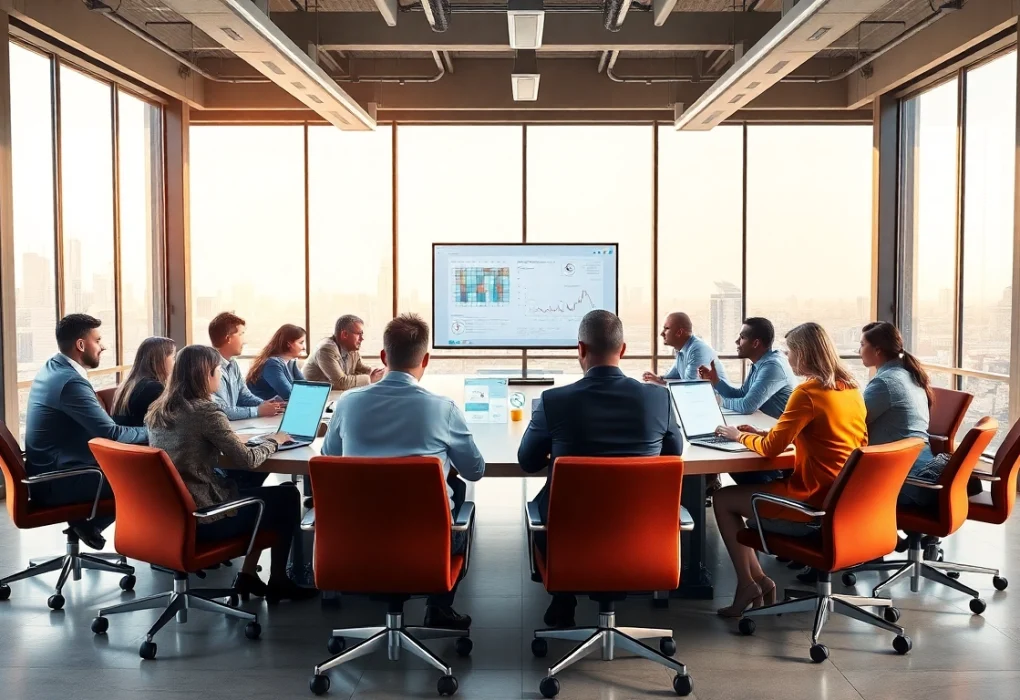 Engaged professionals discussing construction advocacy in a modern conference setting.